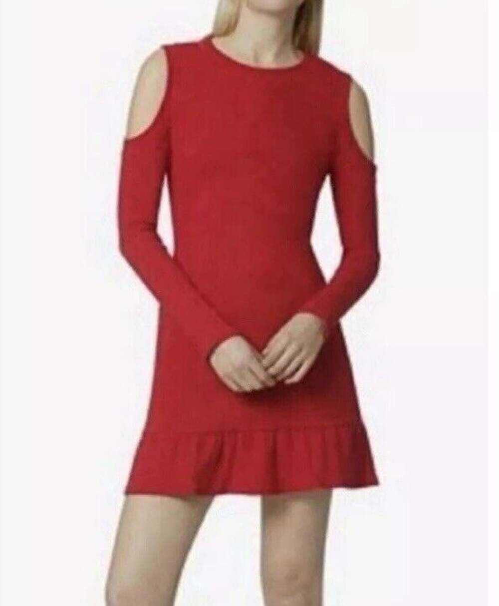 Avec Les Filles Women’s Red Cold Shoulder Long Sleeve Mini Dress Ruffle XS NEW